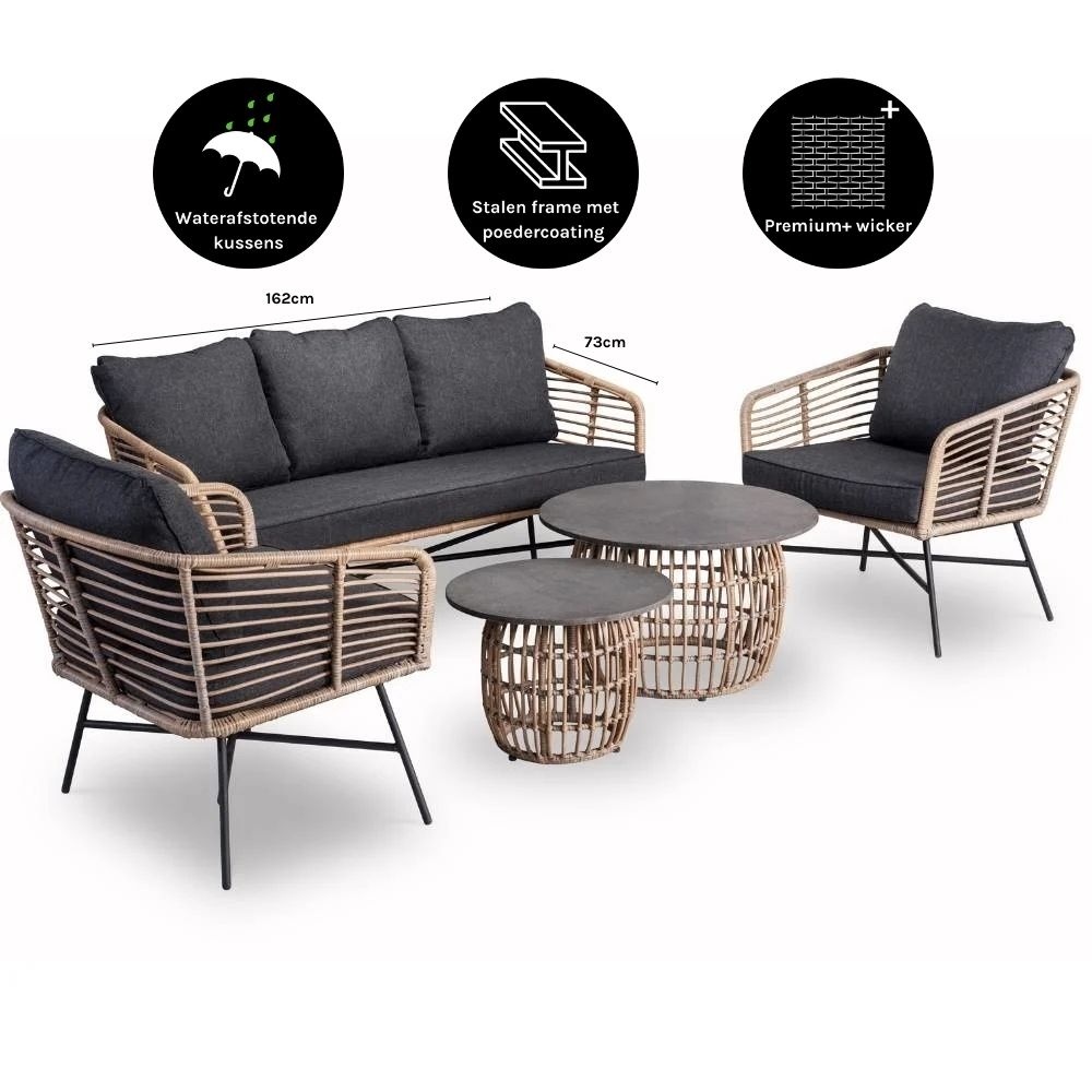Flow stoel-bank loungeset 5 personen | wicker + betonlook | bamboo antraciet | 3-delig