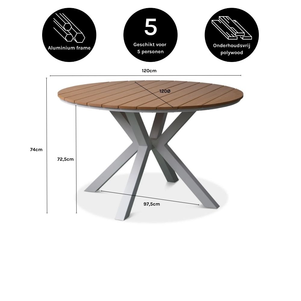 Calgary dining tuintafel 4 personen | polywood + aluminium | Natural Wood | Ø120cm rond