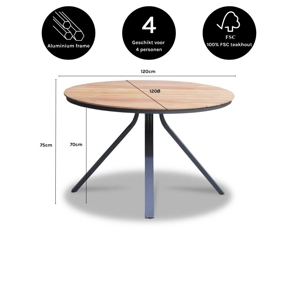 Dublin dining tuintafel 4 personen | teakhout + aluminium | Natural Teak | Ø120cm rond