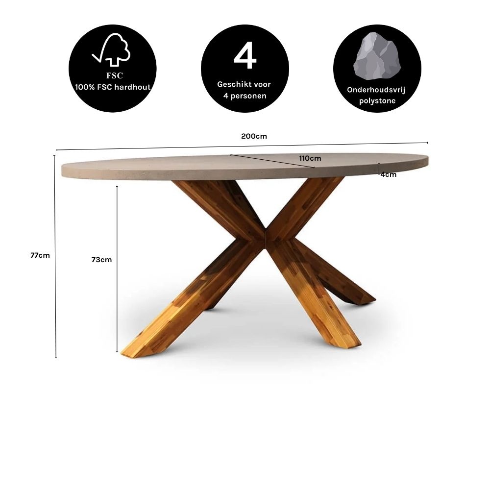 Livorno dining tuintafel 4 personen | polystone + hardhout | betonlook | 200cm