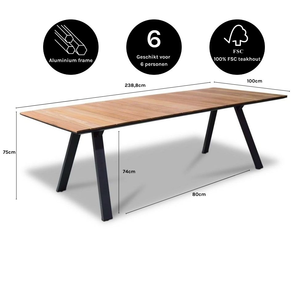 Nevada dining tuintafel 6 personen | teakhout + aluminium | Natural Teak | 238cm
