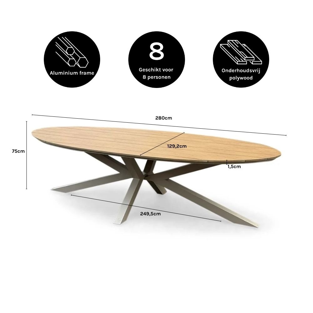 Dallas dining tuintafel 8 personen | polywood + aluminium | Natural Wood/beige | 280cm
