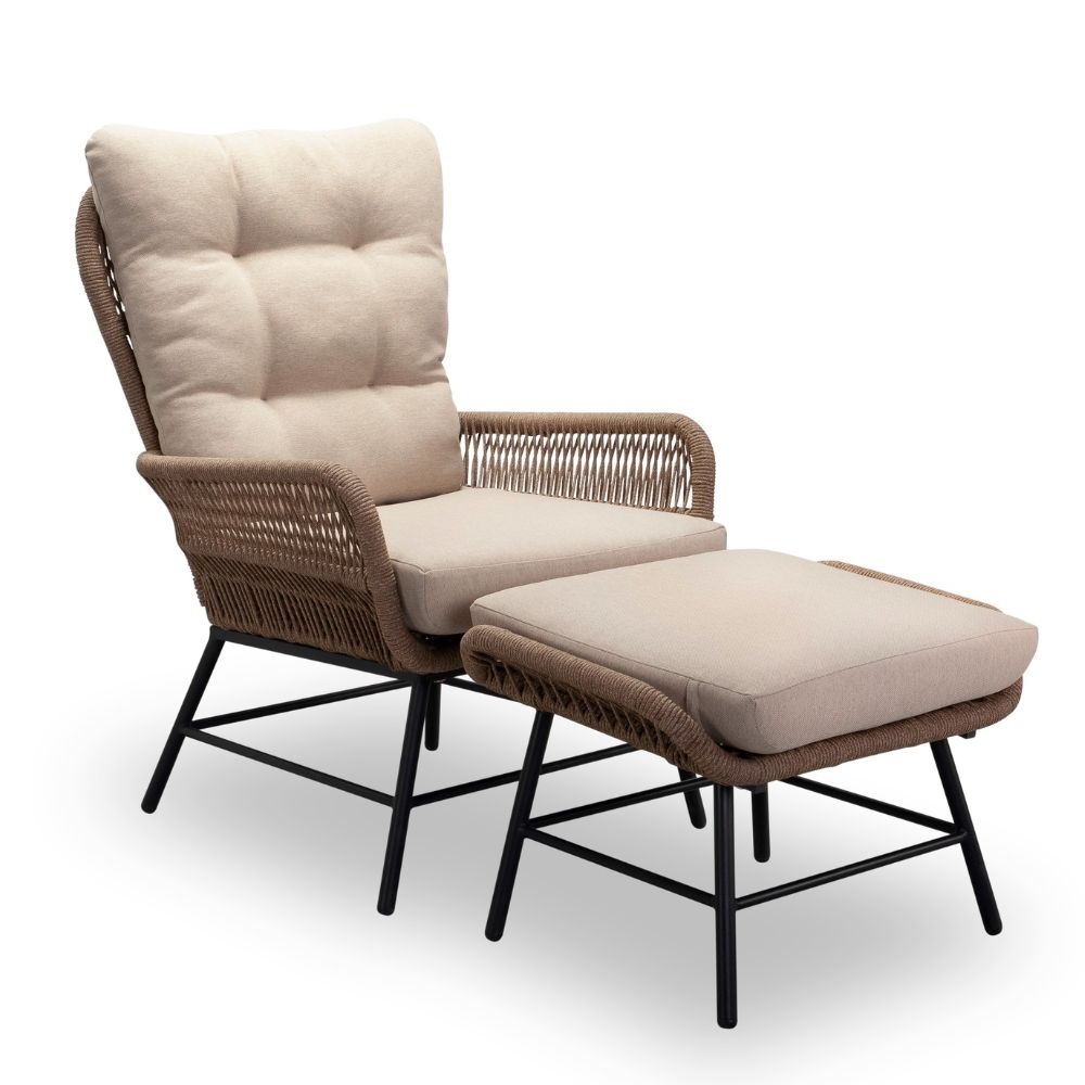 Dex loungestoel tuin met voetenbank | touw + aluminium | Sahara Dust afbeelding