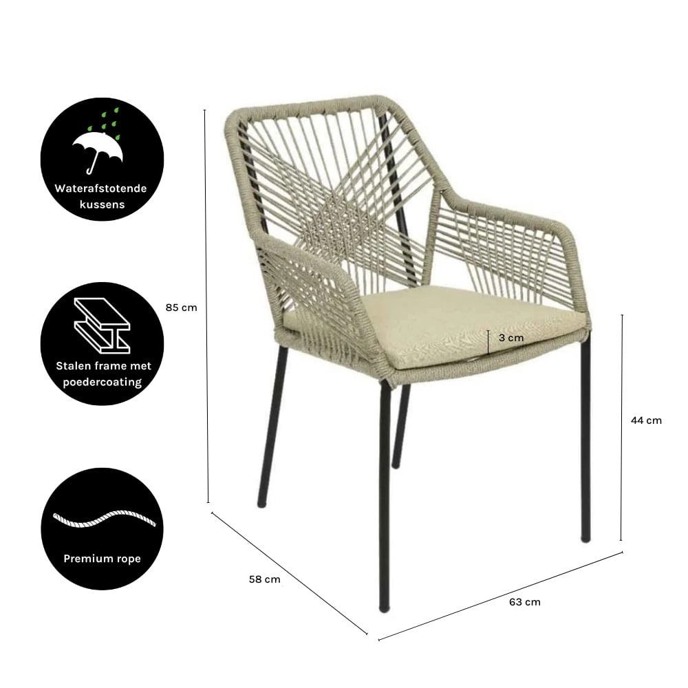 Seville dining tuinstoel stapelbaar | touw + staal | zand