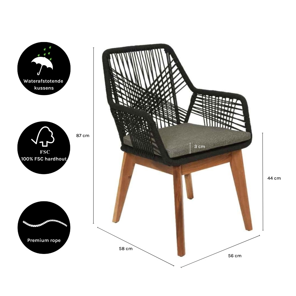 Seville dining tuinstoel | touw + hardhout | zwart