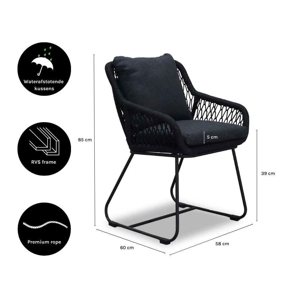 Portofino dining tuinstoel | touw + RVS | zwart