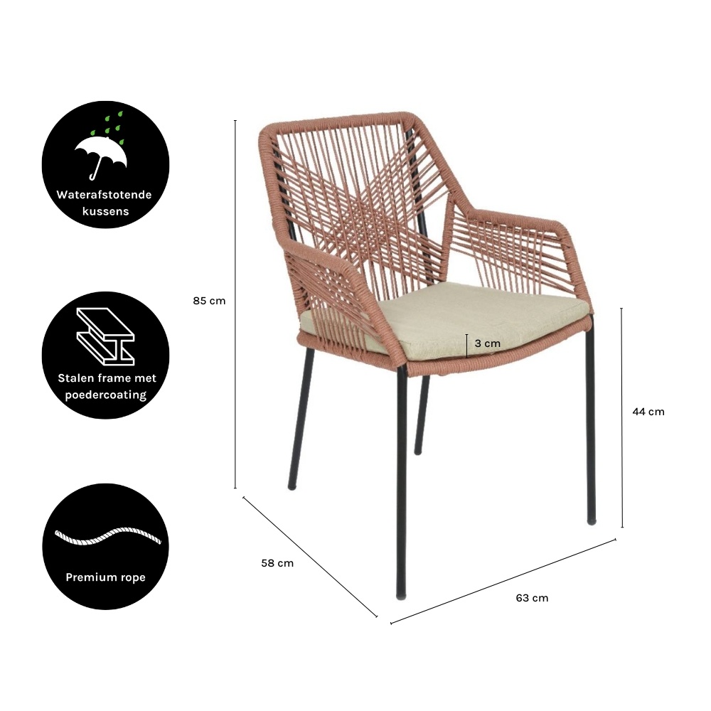Seville dining tuinstoel stapelbaar set van 8 | touw + staal | terra