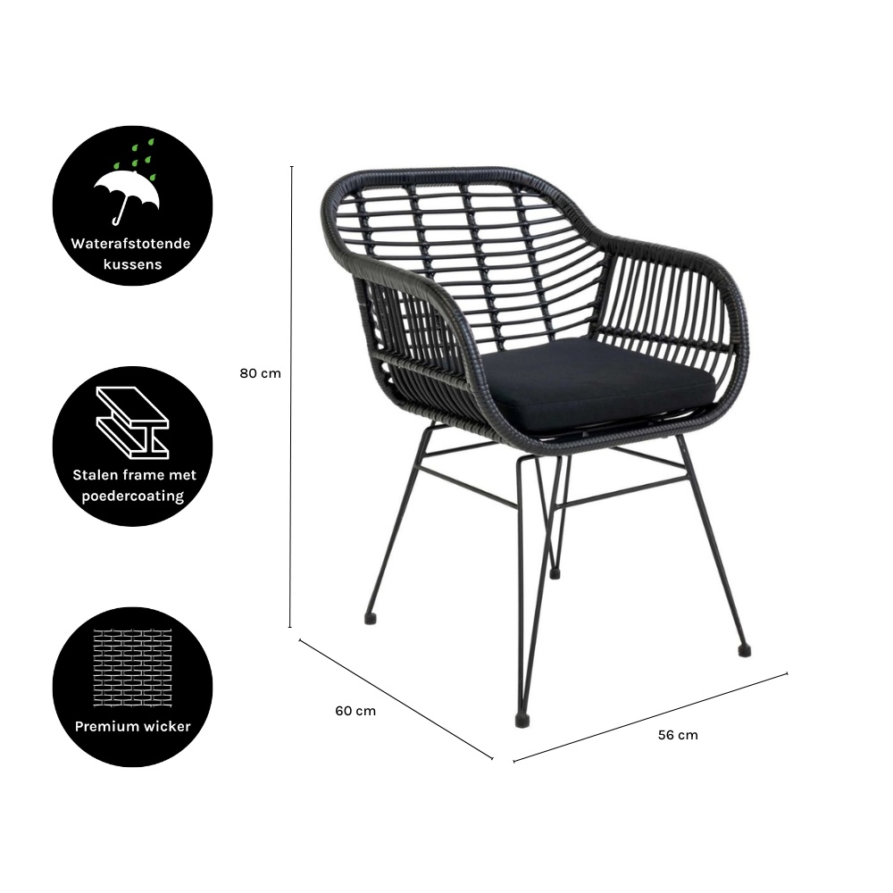 Napels dining tuinstoel set van 6 | wicker | zwart