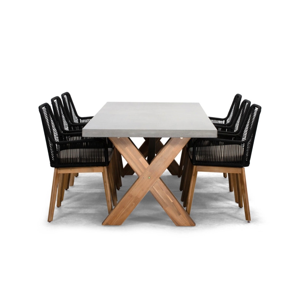 Norwich/Padua zwart dining tuinset | 6 personen | betonlook + touw | 250cm