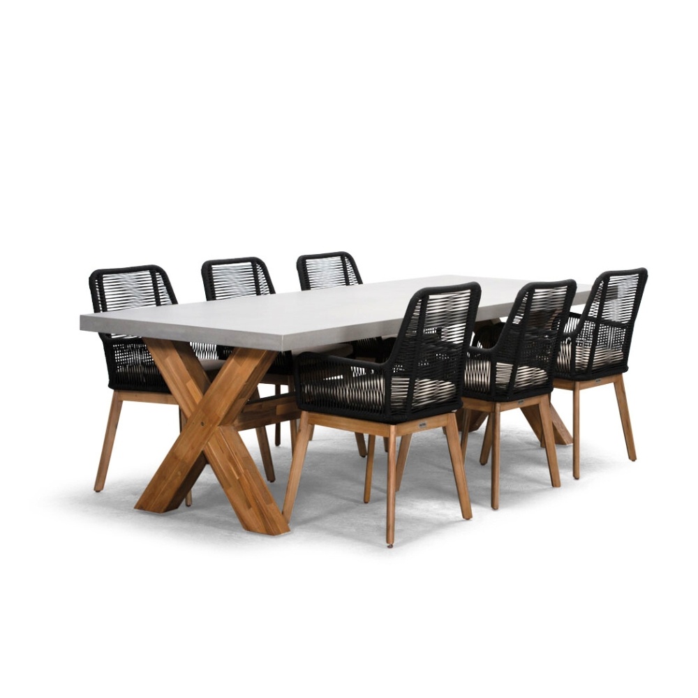 Norwich/Padua zwart dining tuinset | 6 personen | betonlook + touw | 250cm