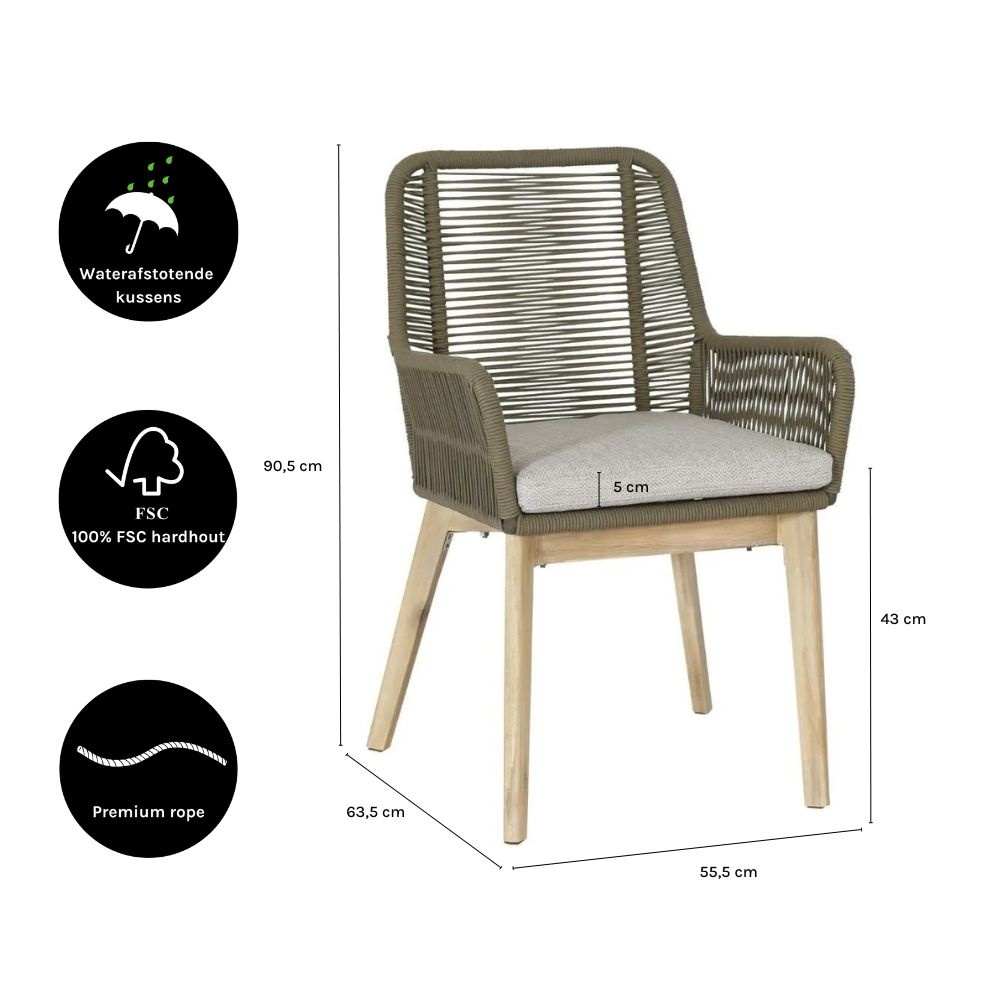 Padua dining tuinstoel | touw + hardhout | olijfgroen