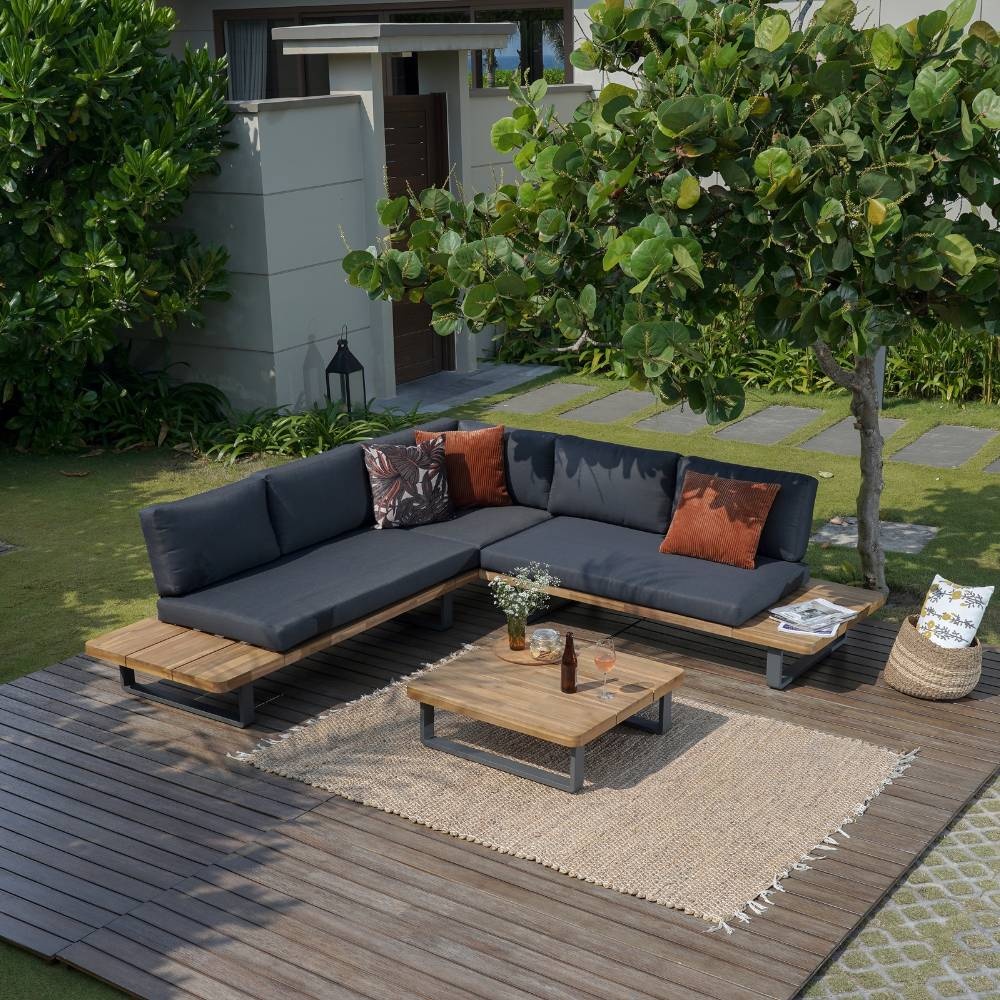 Torino hoek loungeset 5 personen | aluminium + hardhout | antraciet | 3-delig - 258x258cm