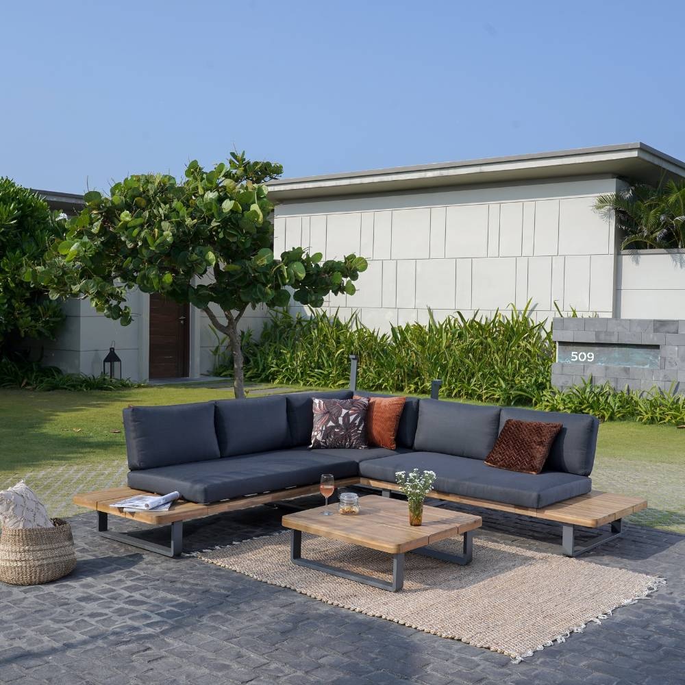 Torino hoek loungeset 5 personen | aluminium + hardhout | antraciet | 3-delig - 258x258cm