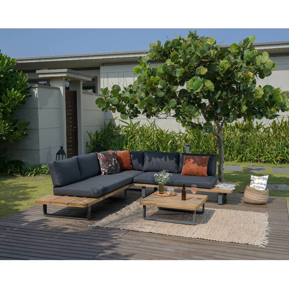 Torino hoek loungeset 5 personen | aluminium + hardhout | antraciet | 3-delig - 258x258cm