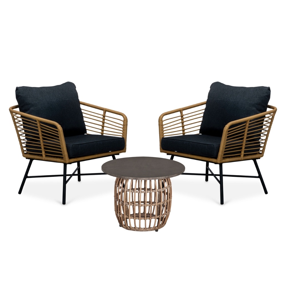 Flow lounge balkonset 2 personen | wicker + betonlook | Bamboo antraciet | 3-delig
