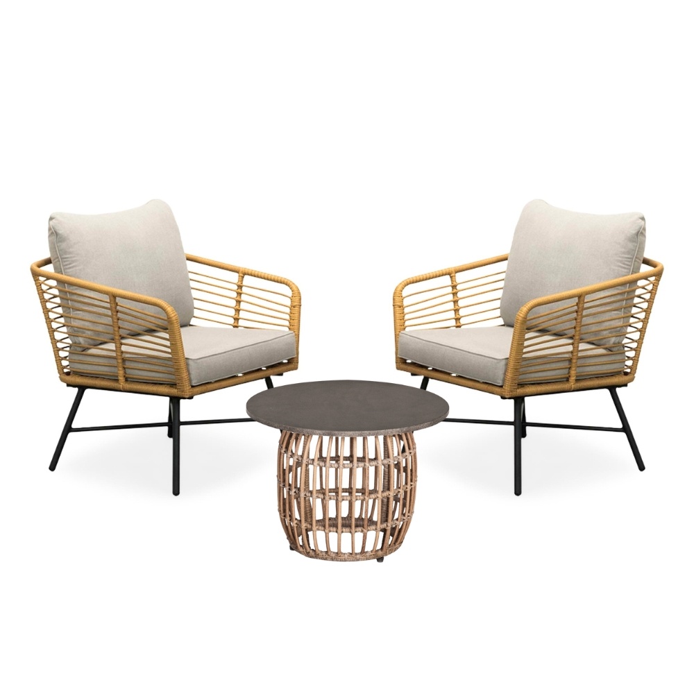 Flow lounge balkonset 2 personen | wicker + betonlook | Bamboo taupe | 3-delig