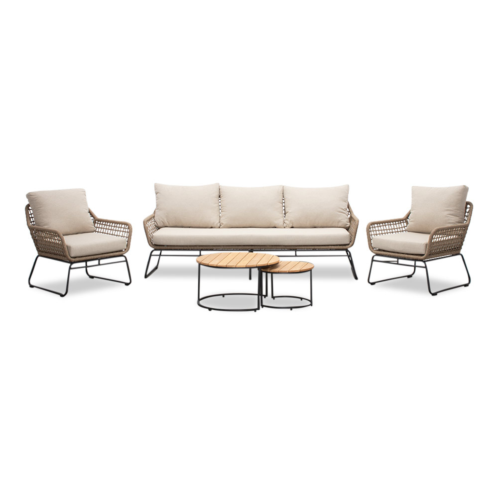 Valencia/Aurora stoel-bank loungeset 5 personen | touw + teakhout | Sahara Dust | 5-delig