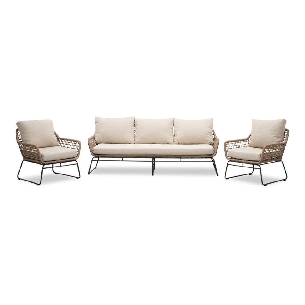 Valencia/Aurora stoel-bank loungeset 5 personen | touw + teakhout | Sahara Dust | 5-delig