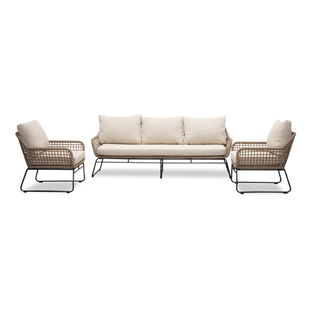 Valencia/Aurora stoel-bank loungeset 5 personen | touw + teakhout | Sahara Dust | 5-delig