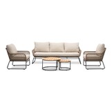 Valencia/Aurora stoel-bank loungeset 5 personen | touw + teakhout | Sahara Dust | 5-delig
