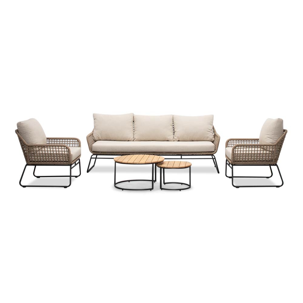 Valencia/Aurora stoel-bank loungeset 5 personen | touw + teakhout | Sahara Dust | 5-delig