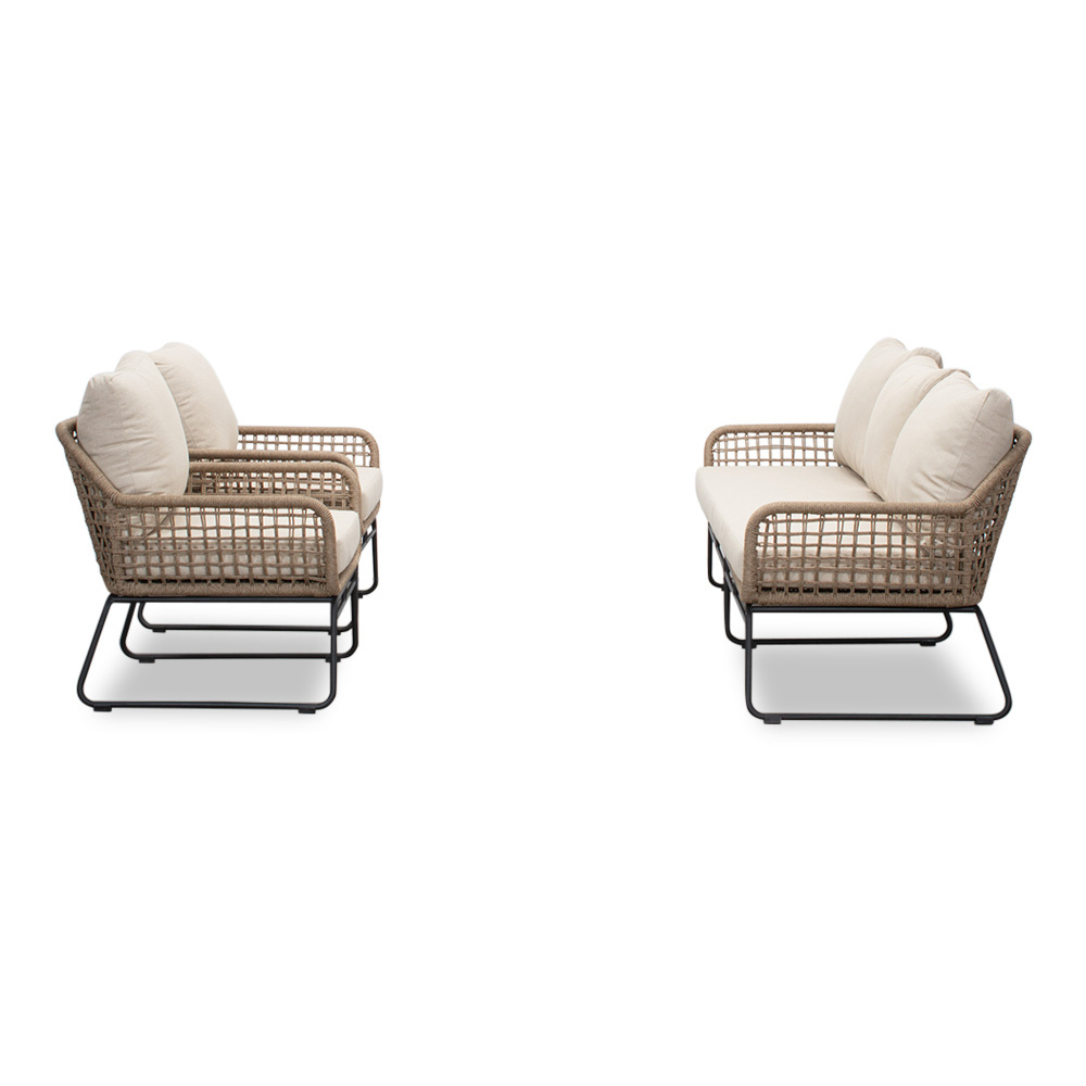 Valencia/Aurora stoel-bank loungeset 5 personen | touw + teakhout | Sahara Dust | 5-delig