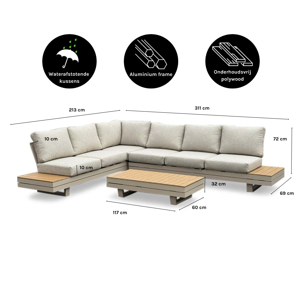 Vegas hoek loungeset-links 6 personen | aluminium + polywood | beige | 4-delig - 311x230cm