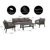 Detroit stoel-bank loungeset 5 personen | aluminium + touw | antraciet | 4-delig