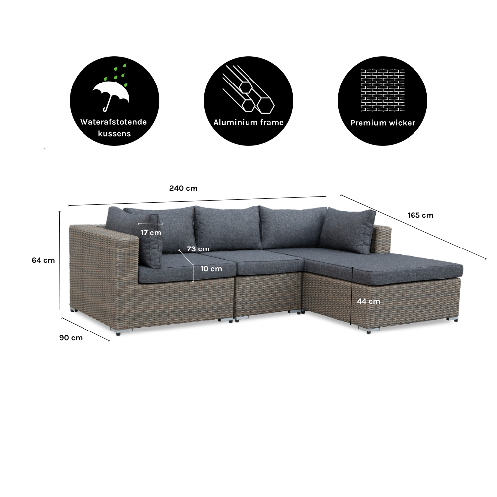 Asker  chaise longue balkon loungeset-links 4 personen | wicker | Ash Grey | 3-delig - 240x165cm