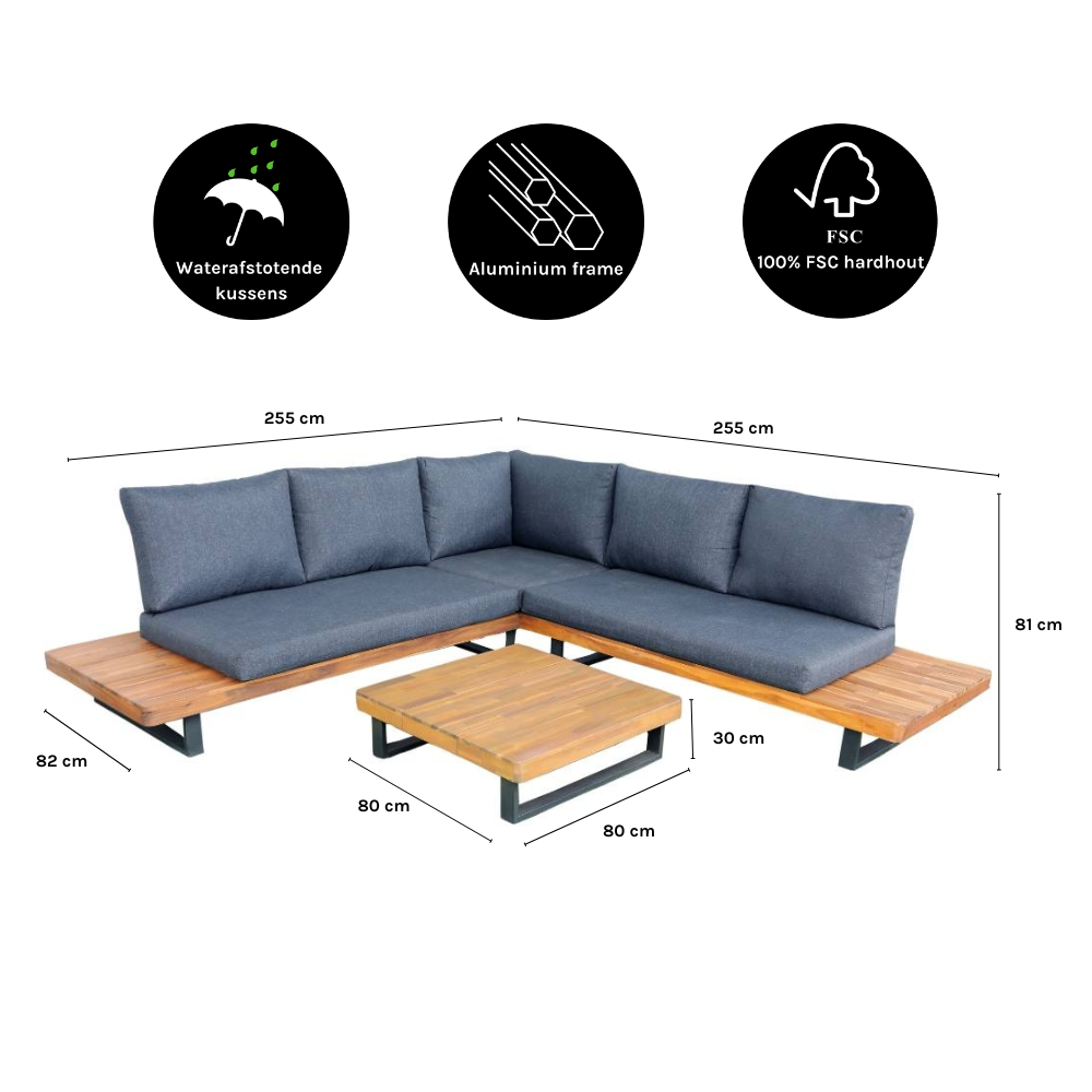 Torino hoek loungeset 5 personen | aluminium + hardhout | antraciet | 3-delig - 258x258cm