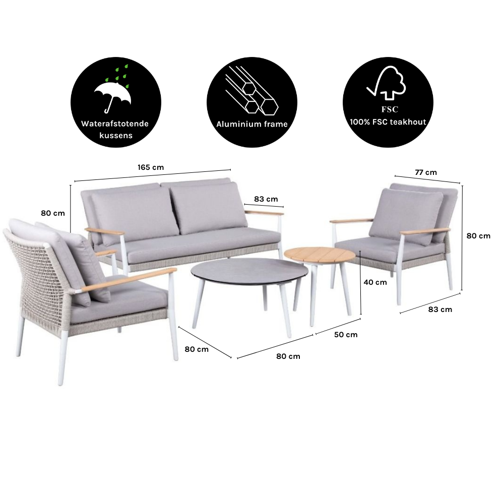 Sandro stoel-bank loungeset 4 personen | aluminium + teakhout | wit/grijs kussen | 5-delig