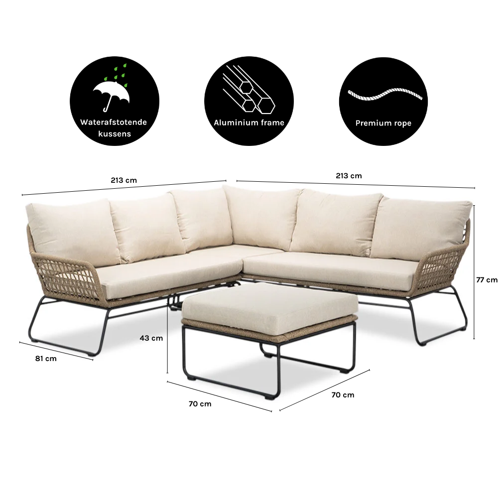 Potenza hoek loungeset 5 personen | aluminium + touw | Sahara Dust | 3-delig - 213x213cm