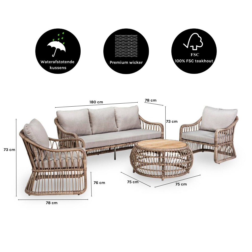 Bruno stoel-bank loungeset 5 personen | wicker + teakhout | Desert Tan | 4-delig