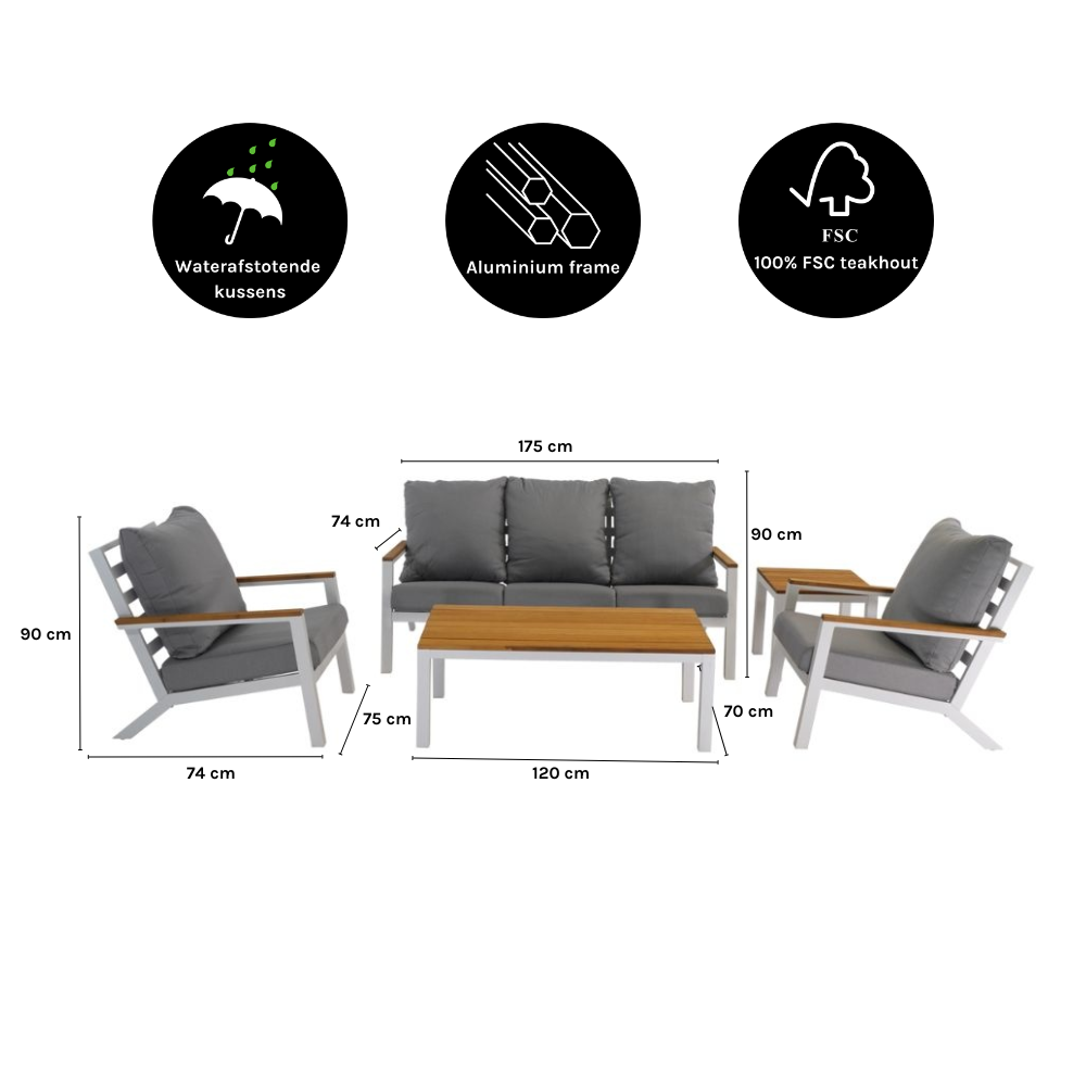 Donnan stoel-bank loungeset 5 personen | aluminium + bamboe | wit | 5-delig
