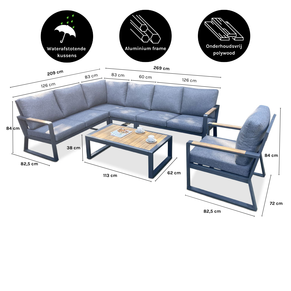 Vancouver hoek loungeset met stoel 6 personen | aluminium + polywood | antraciet | 6-delig - 270x210cm