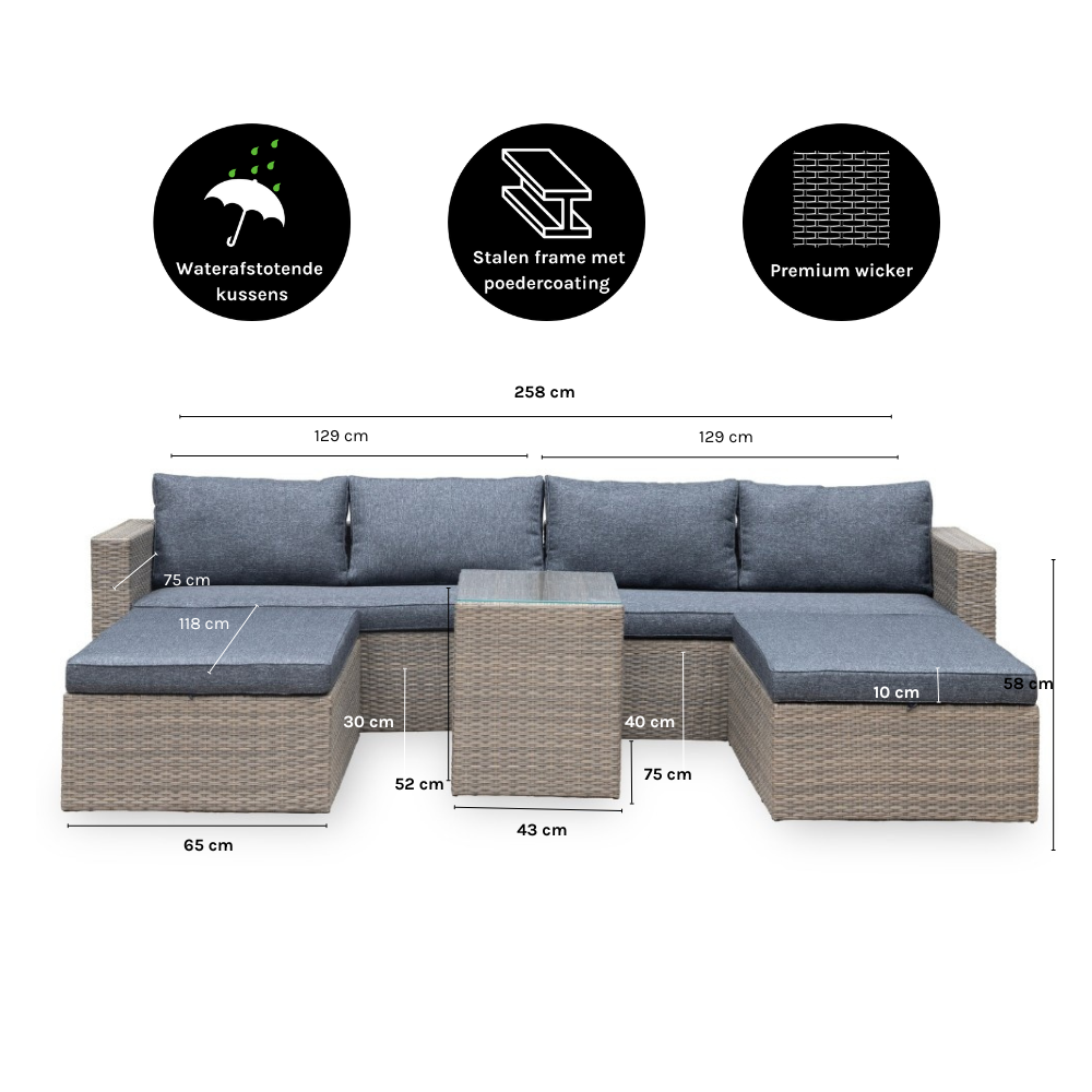 Rio ligbed loungeset 8 personen | wicker | Kobo Grey | 5-delig - 258x193cm