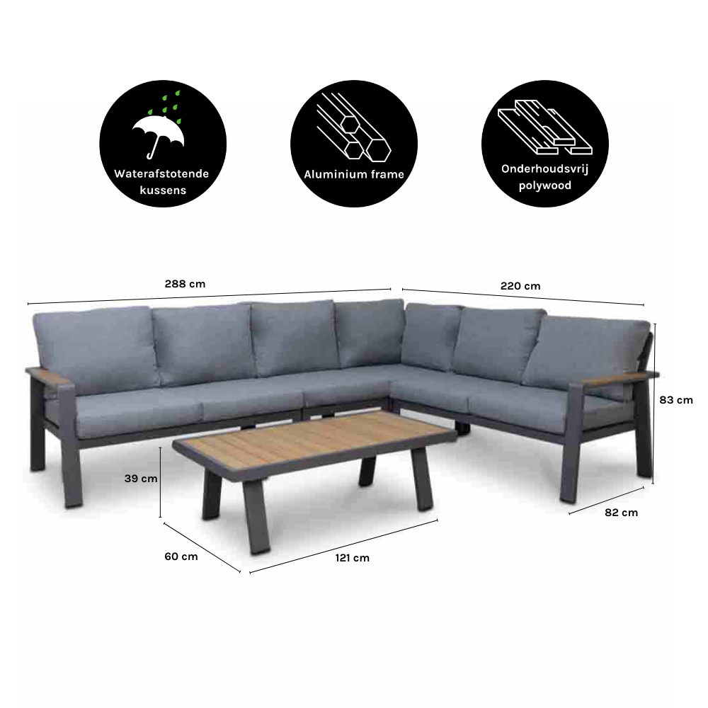 Lola hoek loungeset L-vorm 6 personen | aluminium + polywood | antraciet | 5-delig - 288x220cm
