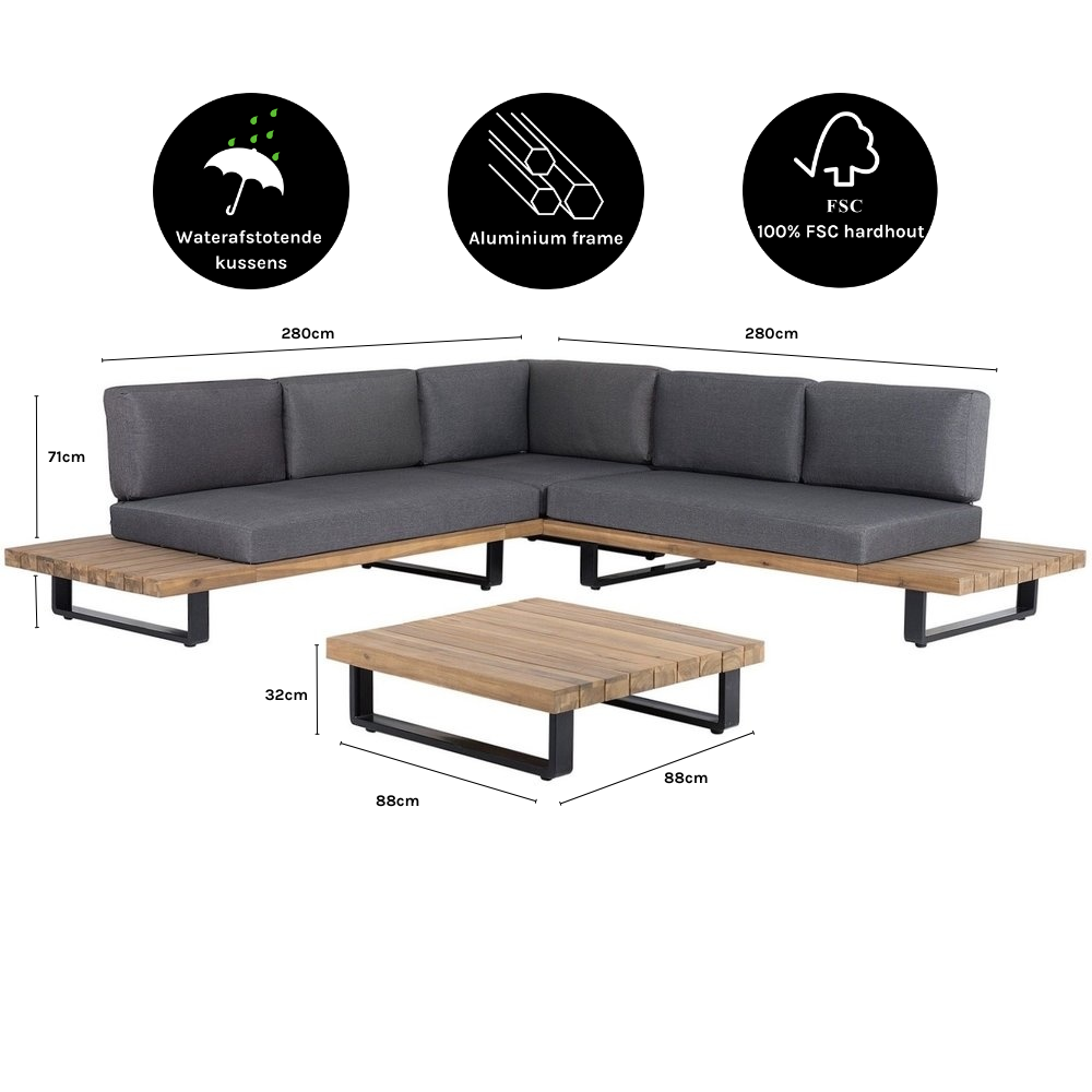 Salvador hoek loungeset 5 personen | aluminium + hardhout | Light Teaklook | 3-delig - 260x260cm