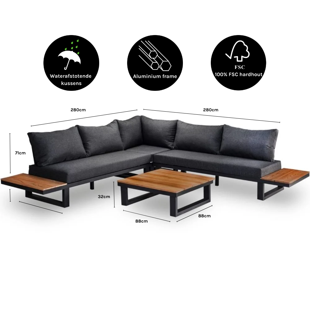 Canyon hoek loungeset 6 personen | aluminium + hardhout | Antraciet/Light Teaklook | 4-delig - 288x288cm