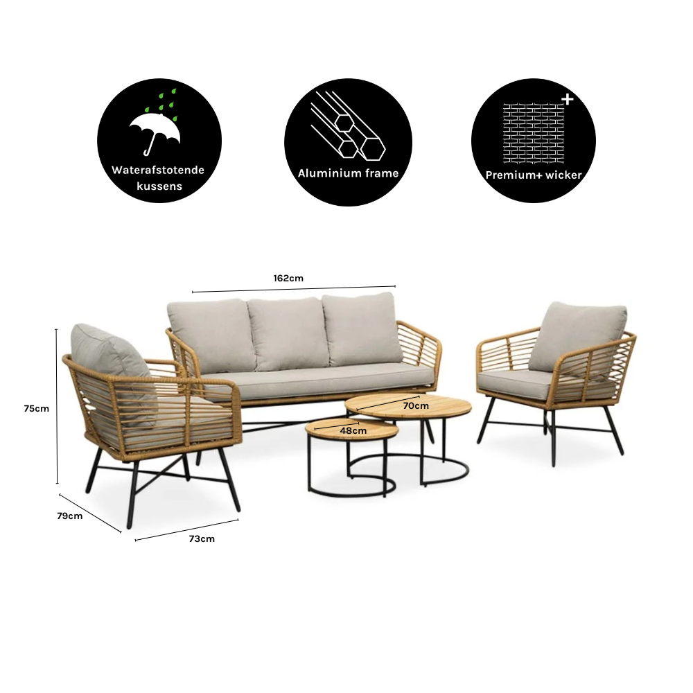 Flow stoel-bank loungeset 5 personen | wicker + teakhout | Bamboo taupe | 3-delig
