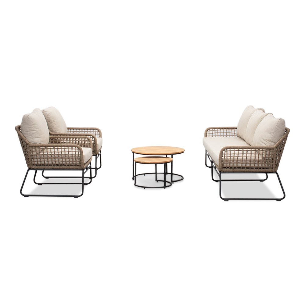 Valencia/Aurora stoel-bank loungeset 5 personen | touw + teakhout | Sahara Dust | 5-delig