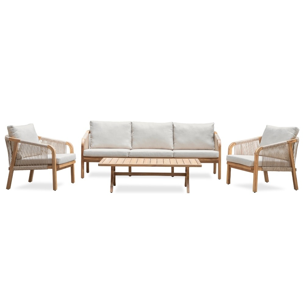 Bergamo stoel-bank loungeset 5 personen | touw + hardhout | zand | 4-delig