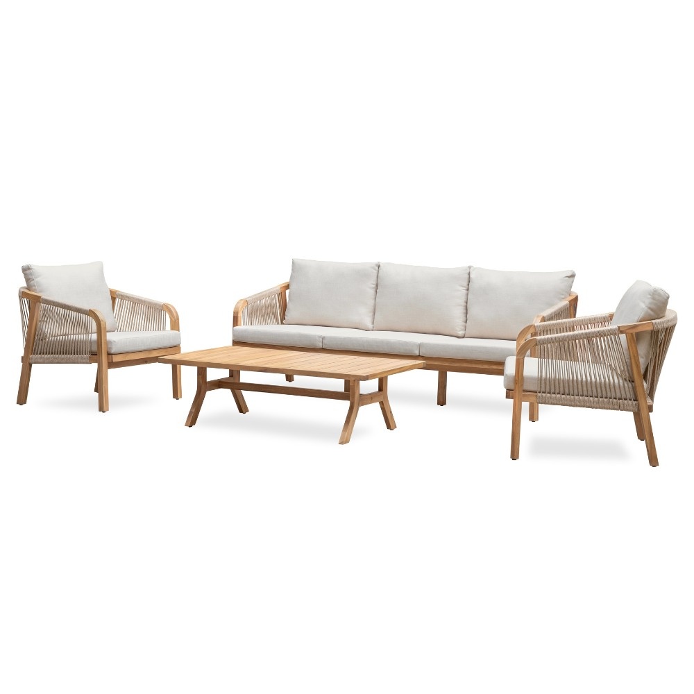 Bergamo stoel-bank loungeset 5 personen | touw + hardhout | zand | 4-delig