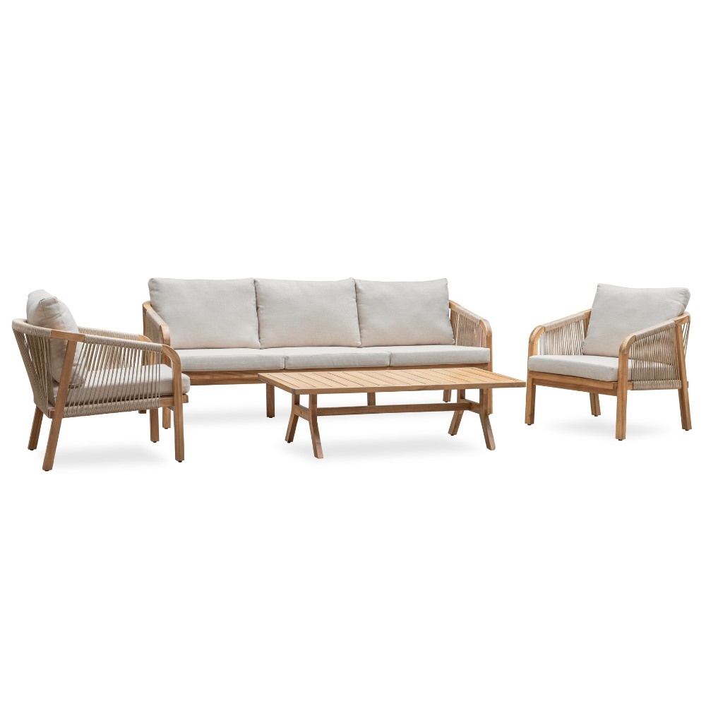 Bergamo stoel-bank loungeset 5 personen | touw + hardhout | zand | 4-delig
