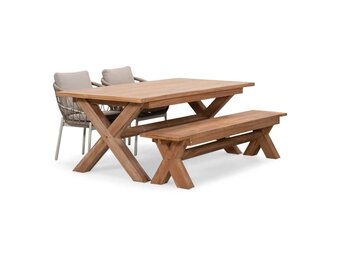 Riga/Dakota beige/wit stoel-bank dining tuinset | 4 personen | hardhout + touw | 200cm