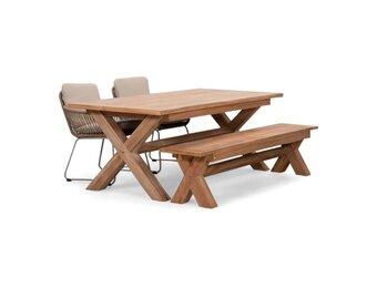 Riga/Harper Sahara Dust stoel-bank dining tuinset | 4 personen | hardhout + touw | 200cm