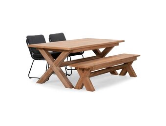 Riga/Harper Lava Grey stoel-bank dining tuinset | 4 personen | hardhout + touw | 200cm