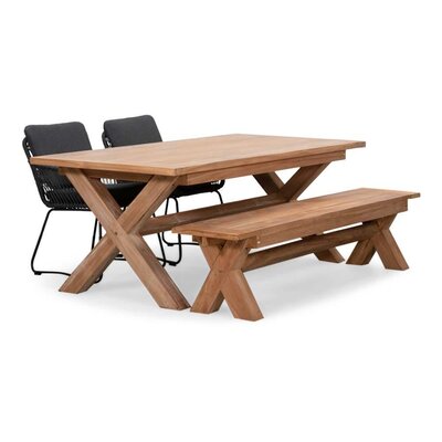 Riga/Harper Lava Grey stoel-bank dining tuinset | 4 personen | hardhout + touw | 200cm