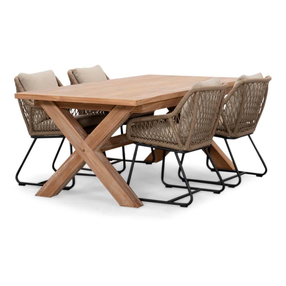BUITEN living Riga/Portofino Sahara Dust dining tuinset | 4 personen | teakhout + touw | 200cm – Zand