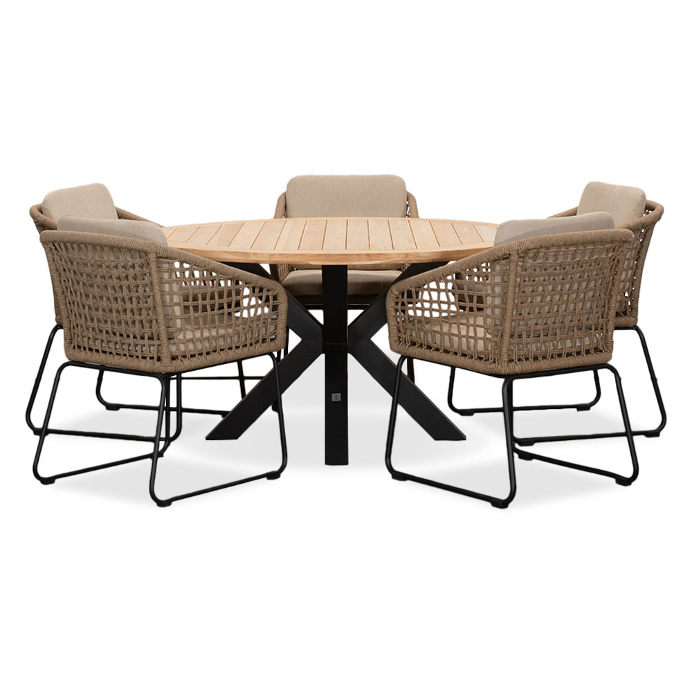 Cleve/Tulum Sahara Dust dining tuinset | 5 personen | teakhout + touw | 140cm rond